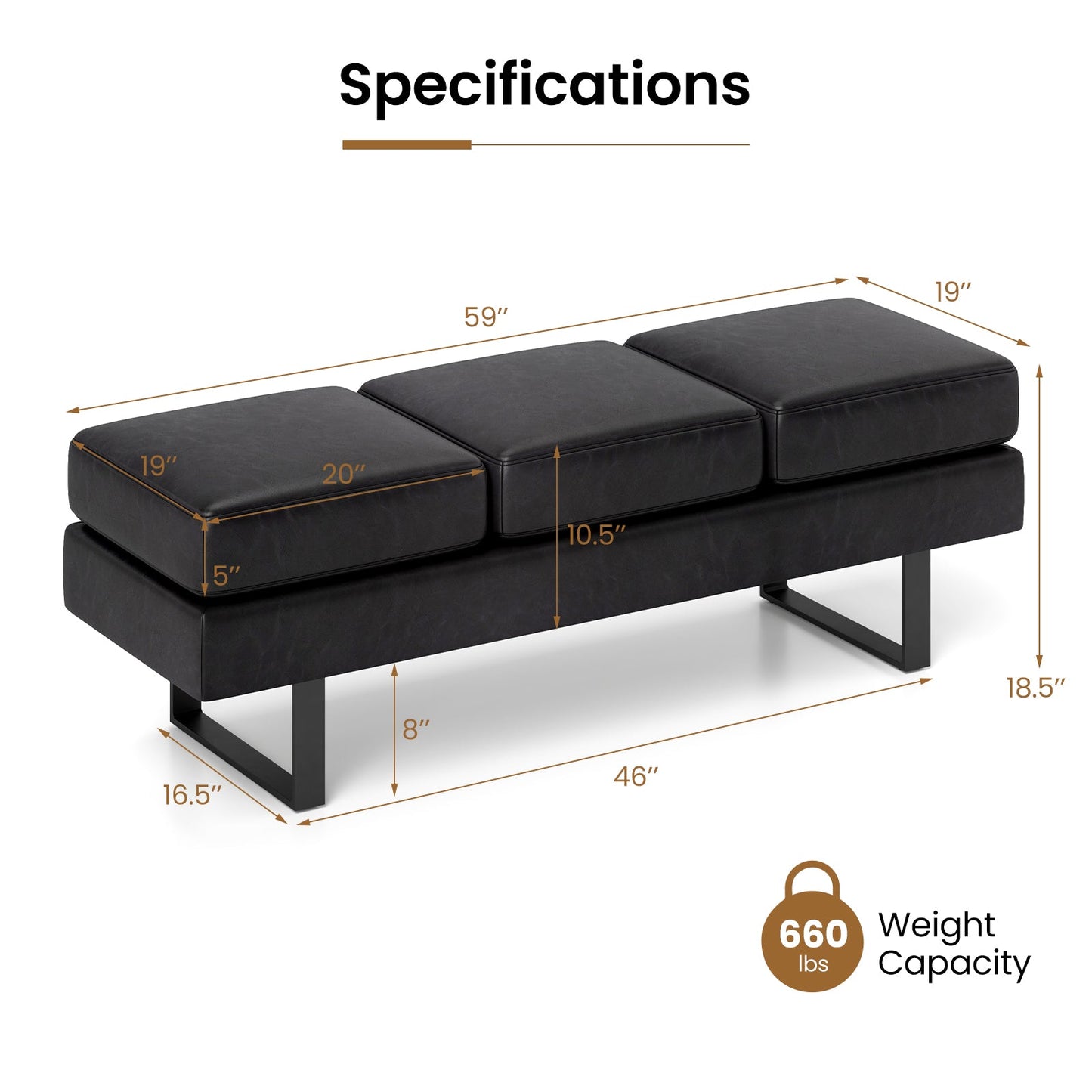 Waiting Room Bench Seating Long Bench with Metal Frame Leg