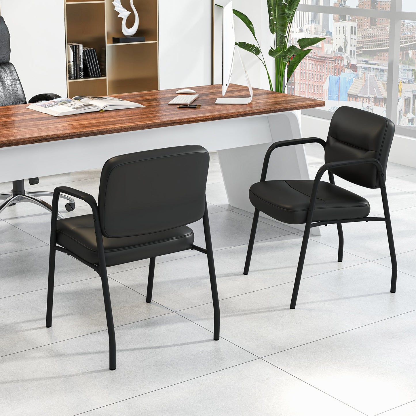Waiting Room Guest Chair Set of 2 with Mixed PU Leather and Integrated Armrests-Black