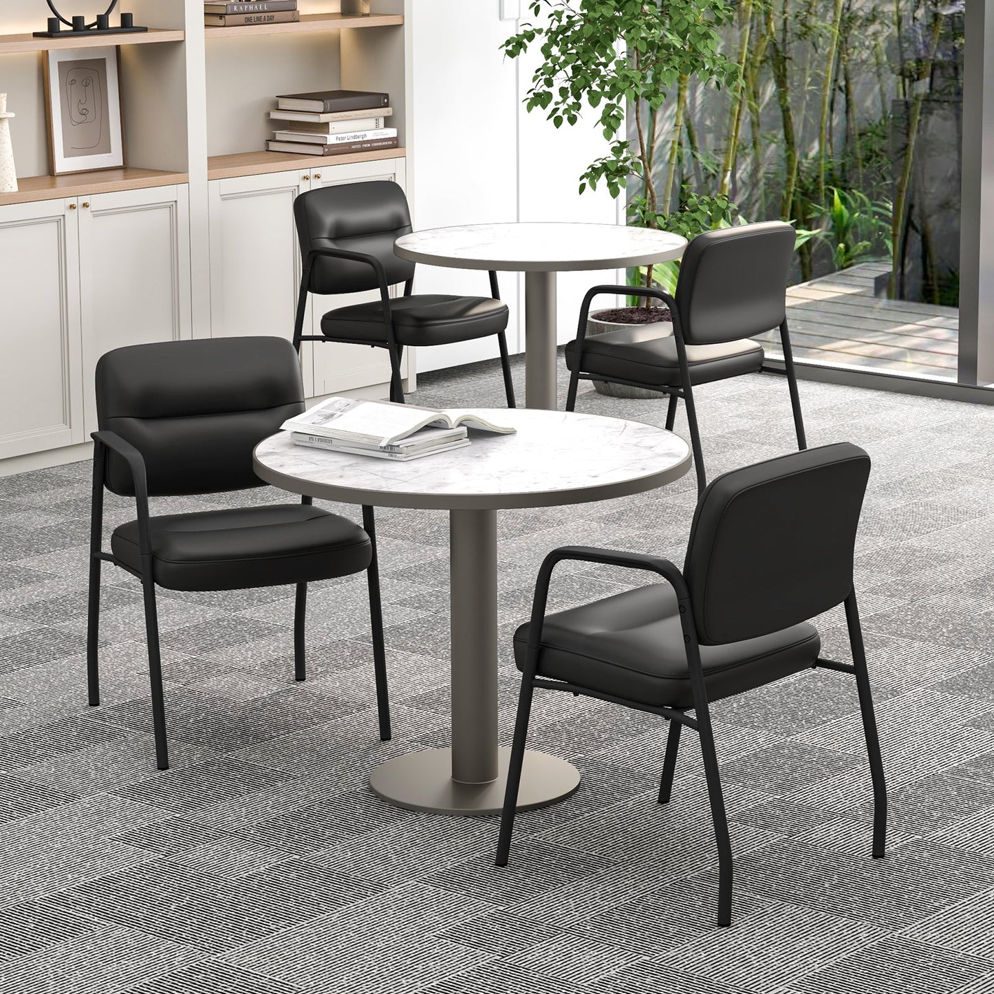 DirectDeals patio wicker sectional set with black cushioned chairs around marble round tables on Tampa Home & Garden Store