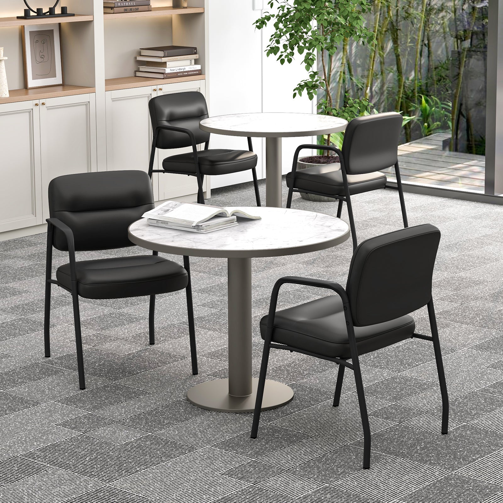 DirectDeals patio wicker sectional set with black cushioned chairs around marble round tables on Tampa Home & Garden Store