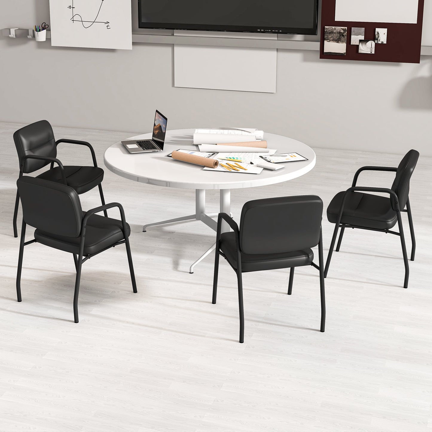 Waiting Room Guest Chair Set of 2 with Mixed PU Leather and Integrated Armrests-Black