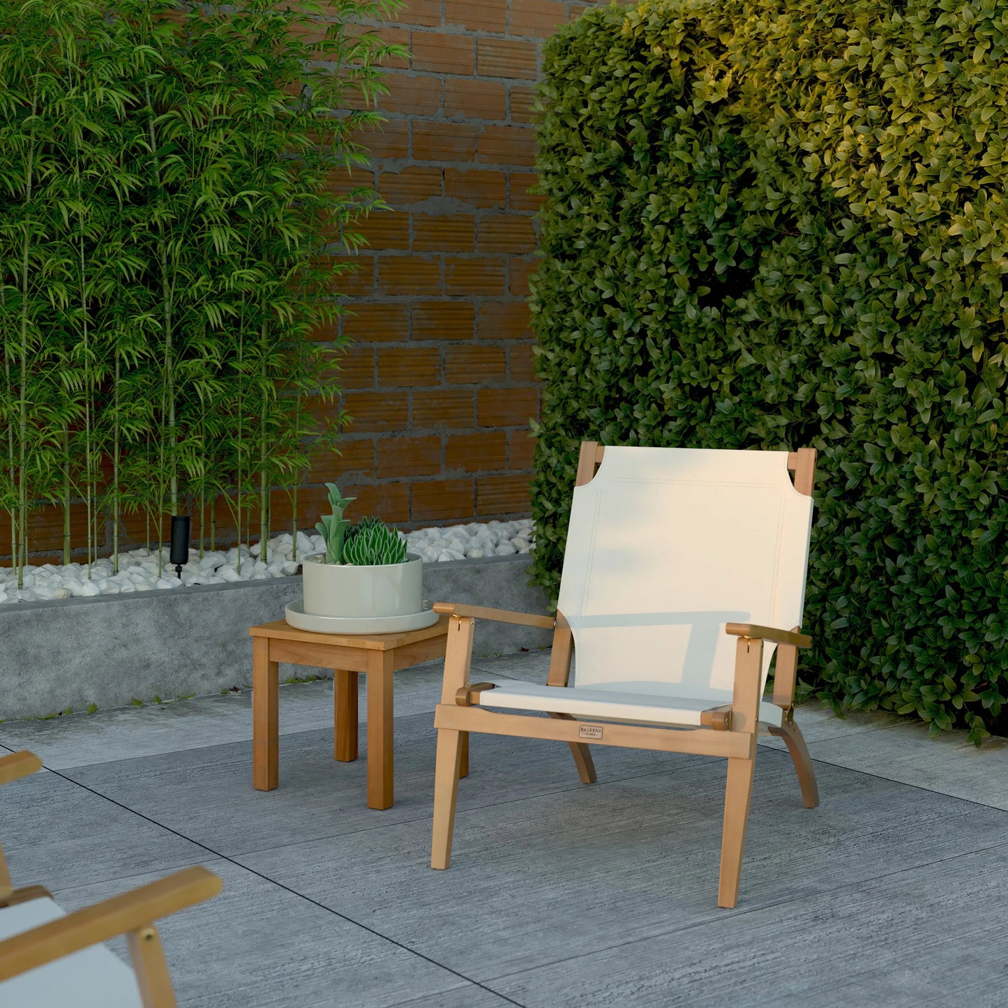 Walker Wooden Folding Chair pair in natural wood with white fabric seats, outdoor folding chairs on Tampa Home & Garden Store
