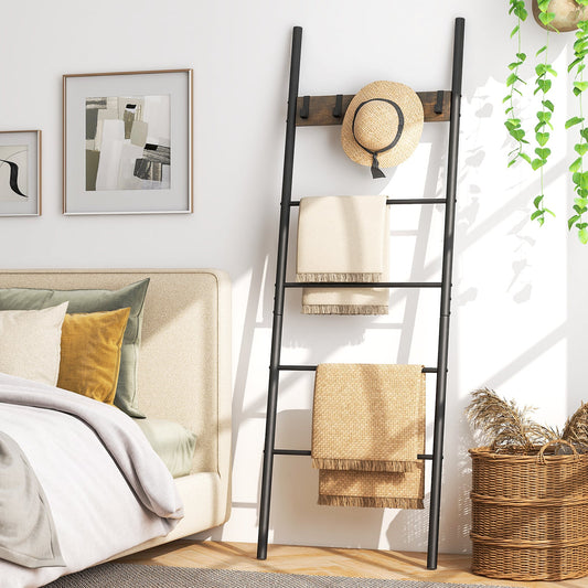 Wall-Leaning Decorative Blanket Holder with 5 Removable Hooks - Tampa Home & Garden Store