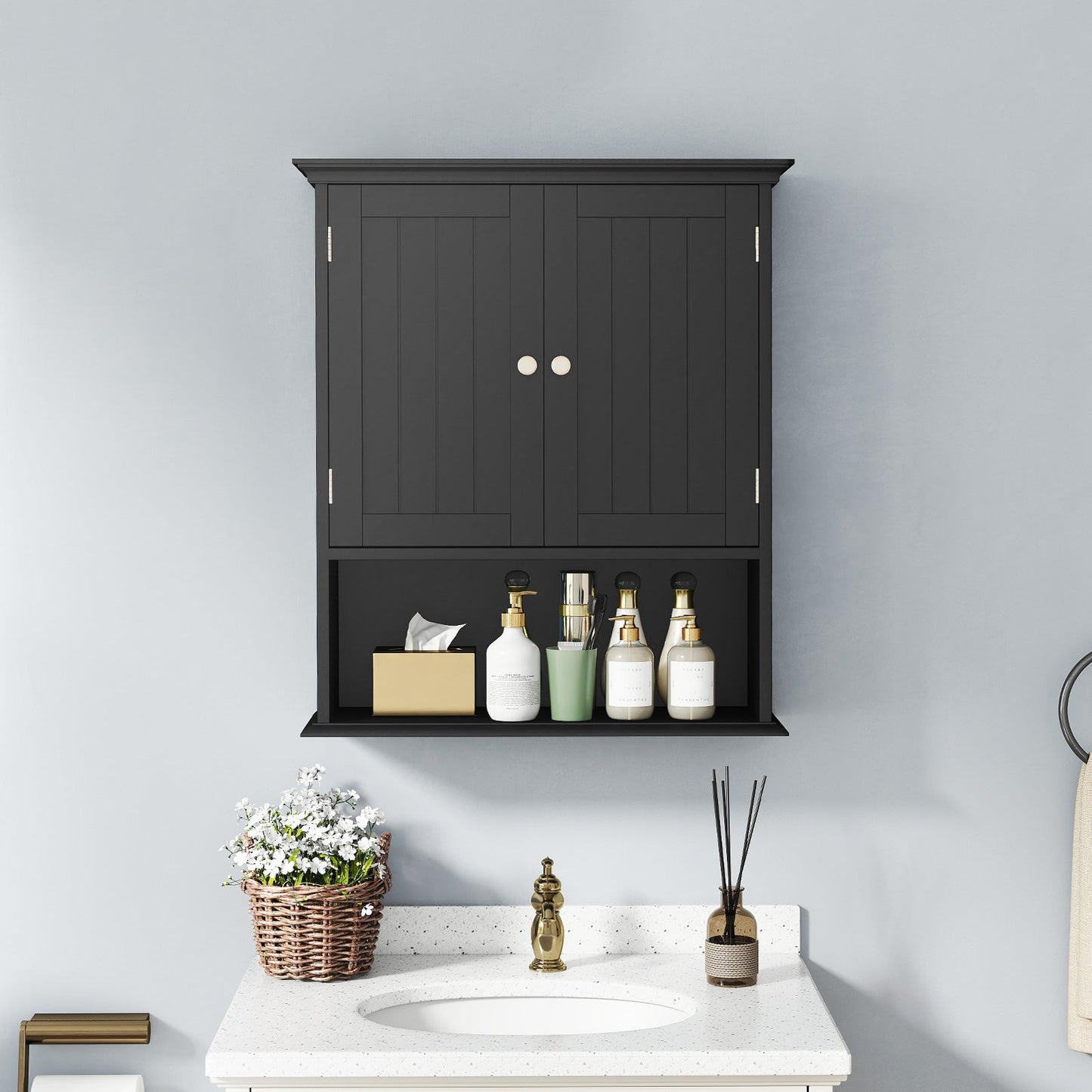 Organizador de almacenamiento para baño con montaje en pared, con puertas y estantes - Negro