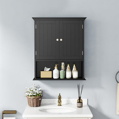 Organizador de almacenamiento para baño con montaje en pared, con puertas y estantes - Negro