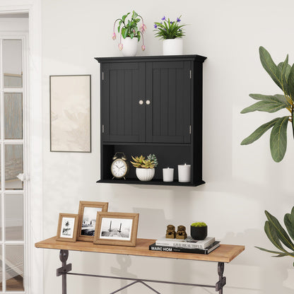 Organizador de almacenamiento para baño con montaje en pared, con puertas y estantes - Negro