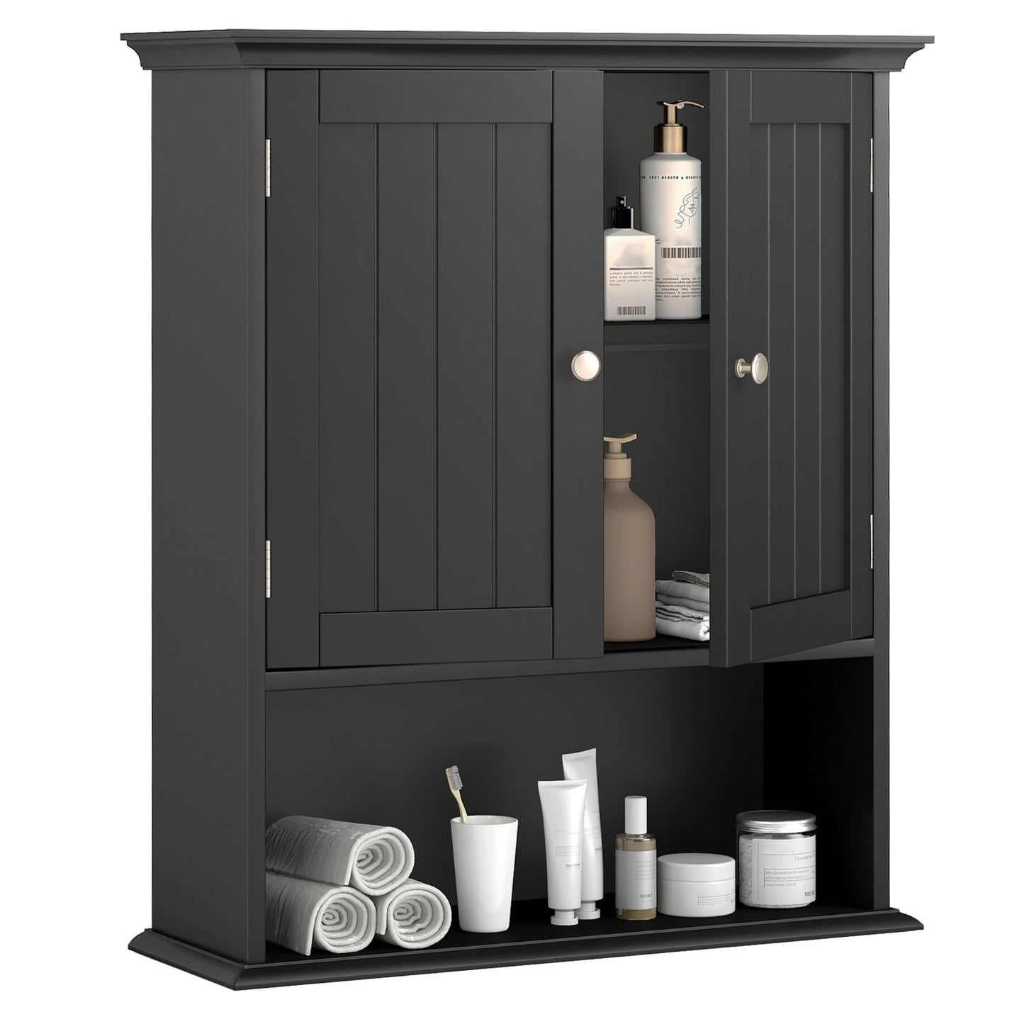 Organizador de almacenamiento para baño con montaje en pared, con puertas y estantes - Negro