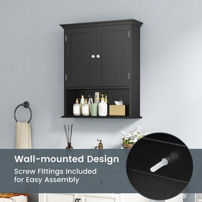 Organizador de almacenamiento para baño con montaje en pared, con puertas y estantes - Negro