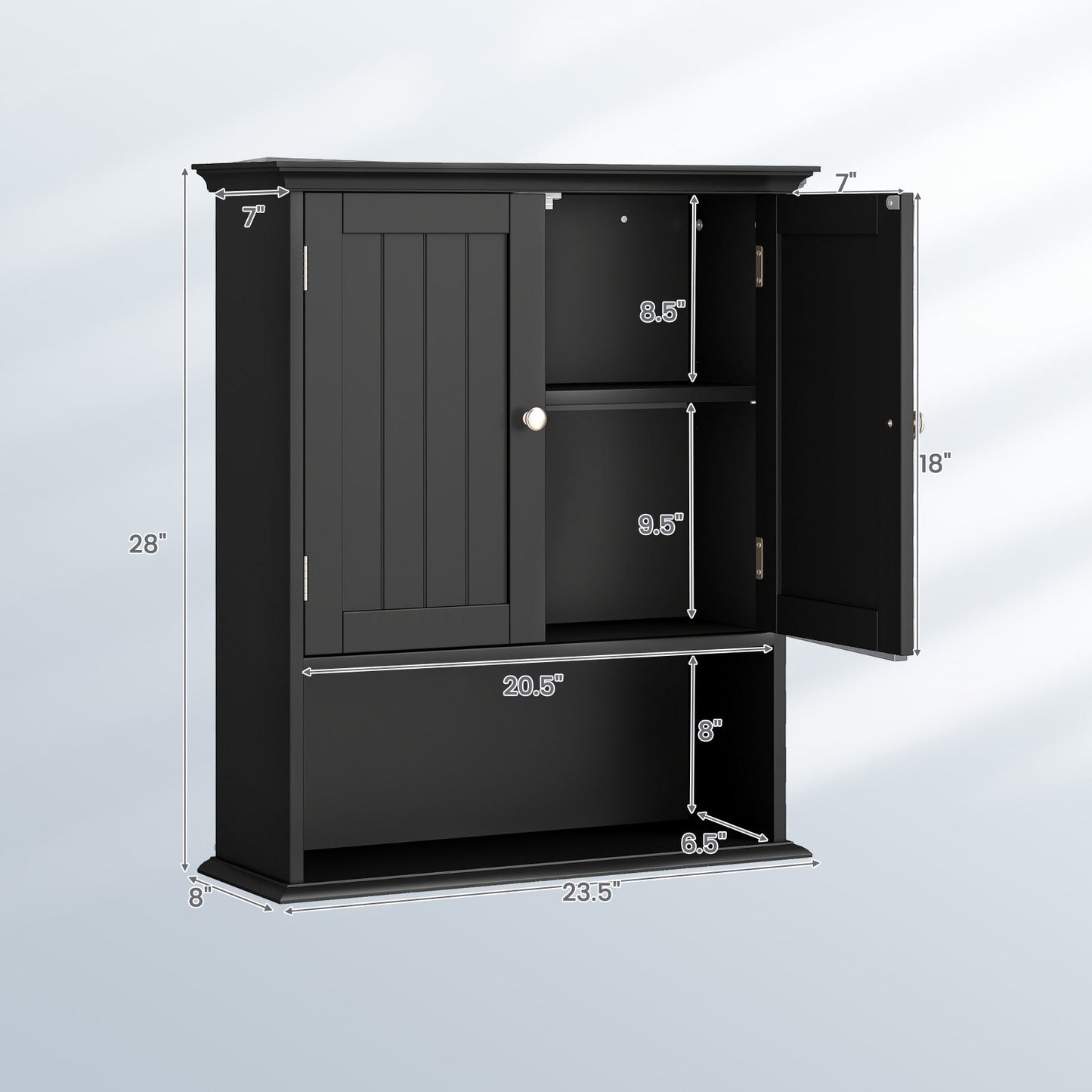 Organizador de almacenamiento para baño con montaje en pared, con puertas y estantes - Negro