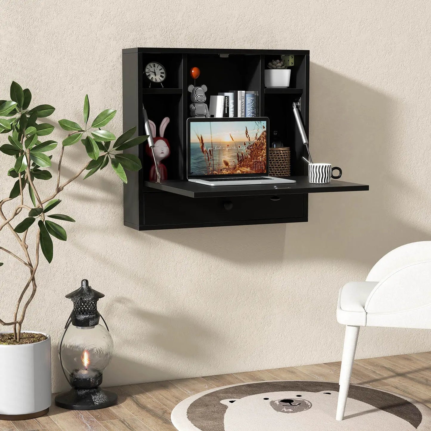 Wall Mount Folding Desk with Shelves and Drawer