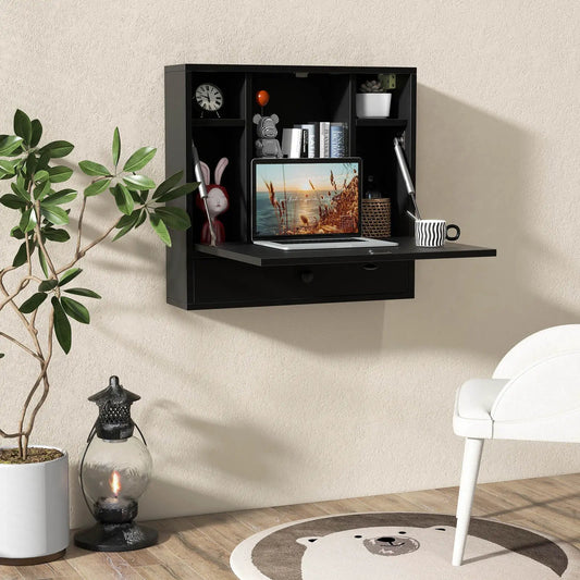 Wall-Mount Folding Desk with Storage Shelves and Drawer in black finish with laptop on desk on Tampa Home & Garden Store