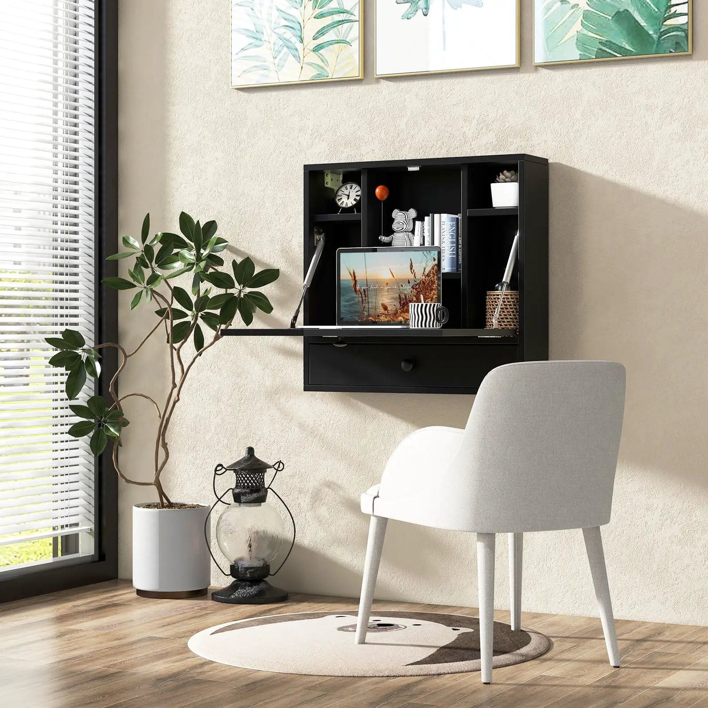 Wall Mount Folding Desk with Shelves and Drawer