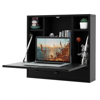 Wall Mount Folding Desk with Shelves and Drawer