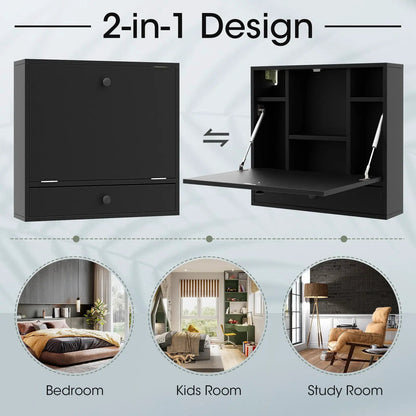 Wall Mount Folding Desk with Shelves and Drawer