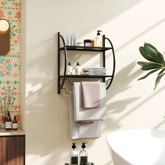 2-Tier Wall Mounted Bathroom Towel Rack with Towel Bars, black metal frame with curved sides and top shelf on Tampa Home & Garden Store