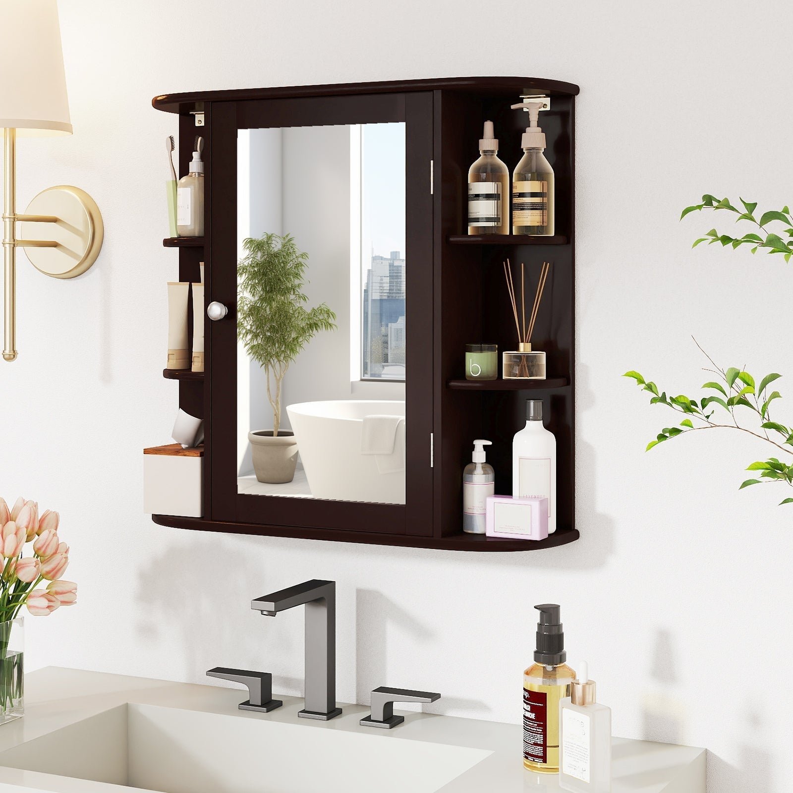 GemGear dark wood bathroom vanity with mirror and open shelves stocked with bottles on Tampa Home & Garden Store