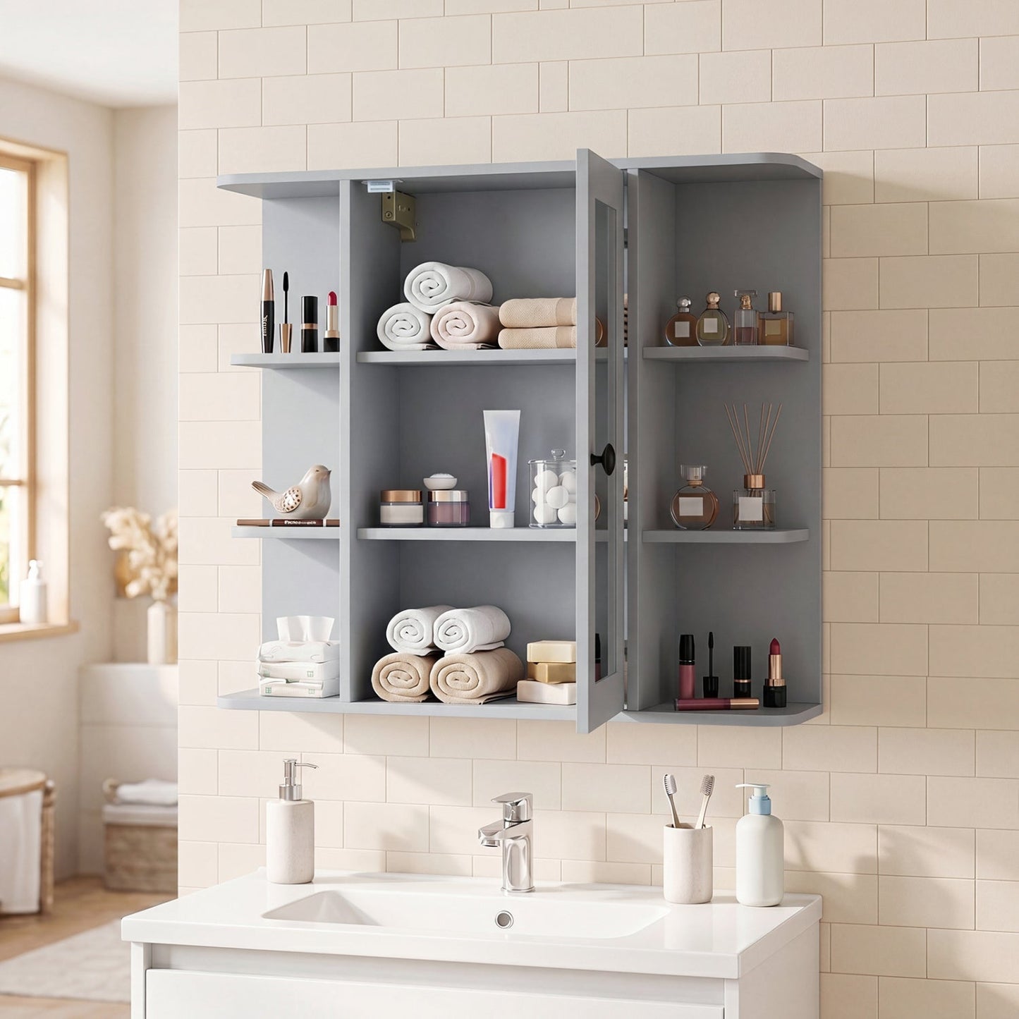 Wall mounted medicine cabinet with mirror in gray DirectDeals 4-shelf bathroom storage on Tampa Home & Garden Store