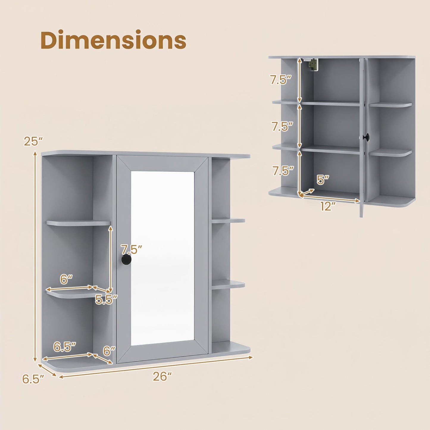 Wall Mounted Medicine Cabinet with Mirror in Gray by DirectDeals, 26 in wide, interior shelves on Tampa Home & Garden Store