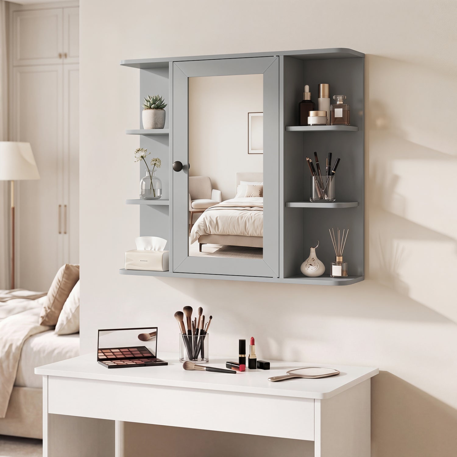 Wall Mounted Gray Medicine Cabinet with Mirror and side shelves for cosmetics and brushes on Tampa Home & Garden Store