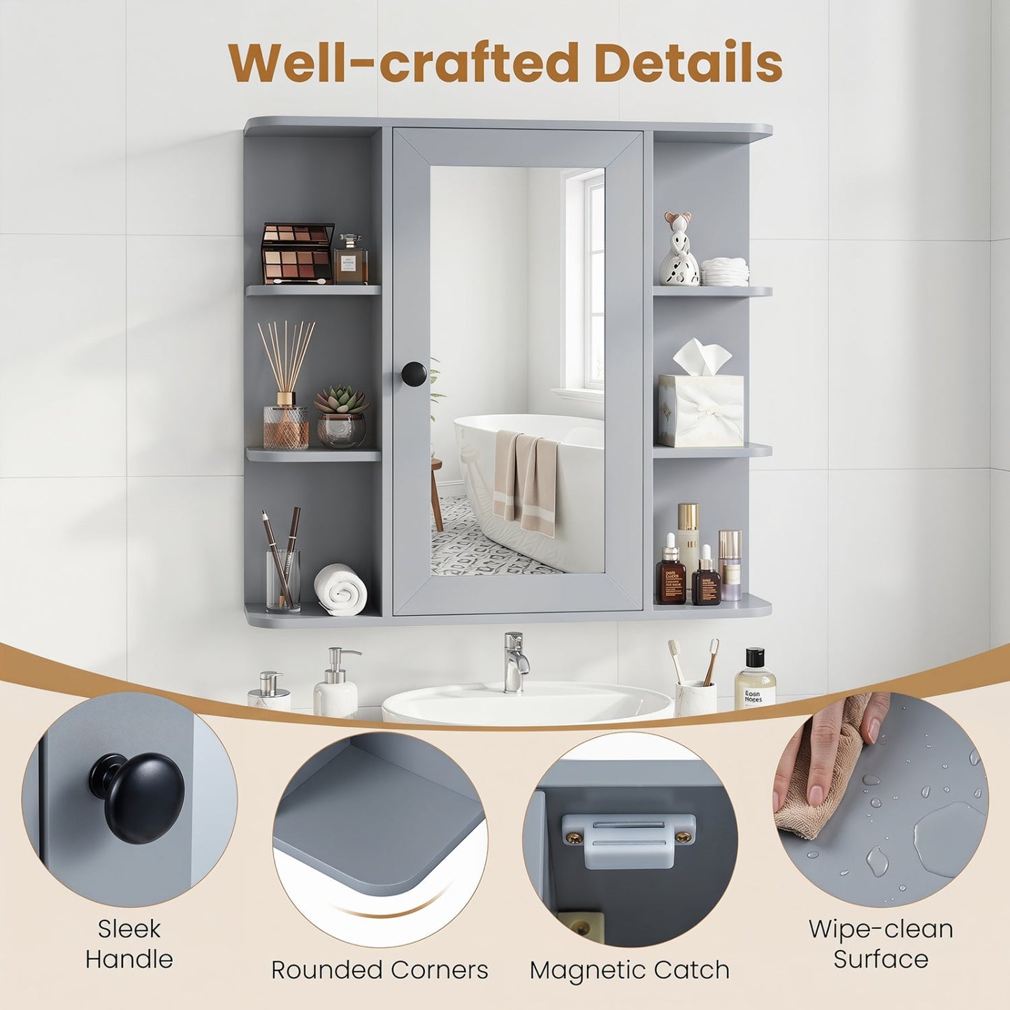 Wall-mounted bathroom medicine cabinet in gray by DirectDeals with mirror and side shelves on Tampa Home & Garden Store