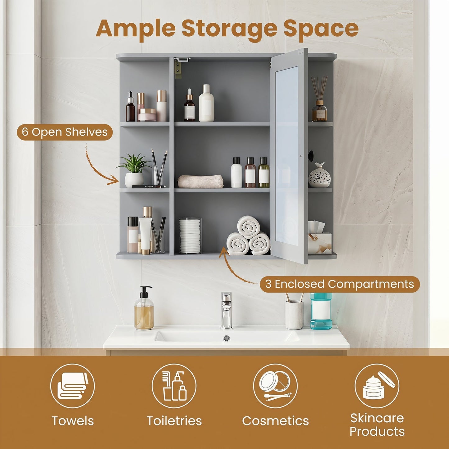 Wall mounted gray medicine cabinet with mirror and 6 open shelves DirectDeals on Tampa Home & Garden Store