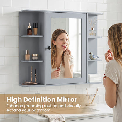 Medicine cabinet with mirror, gray wall-mounted unit with open side shelves on Tampa Home & Garden Store