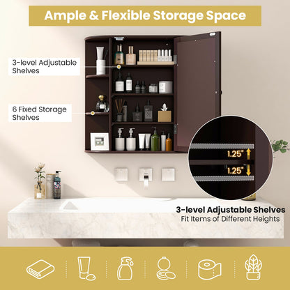 Wall-Mounted Bathroom Mirror Cabinet with Storage Shelves-Brown