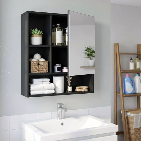 DirectDeals wall-mounted bathroom cabinet with mirrored door and open storage in black wood on Tampa Home & Garden Store