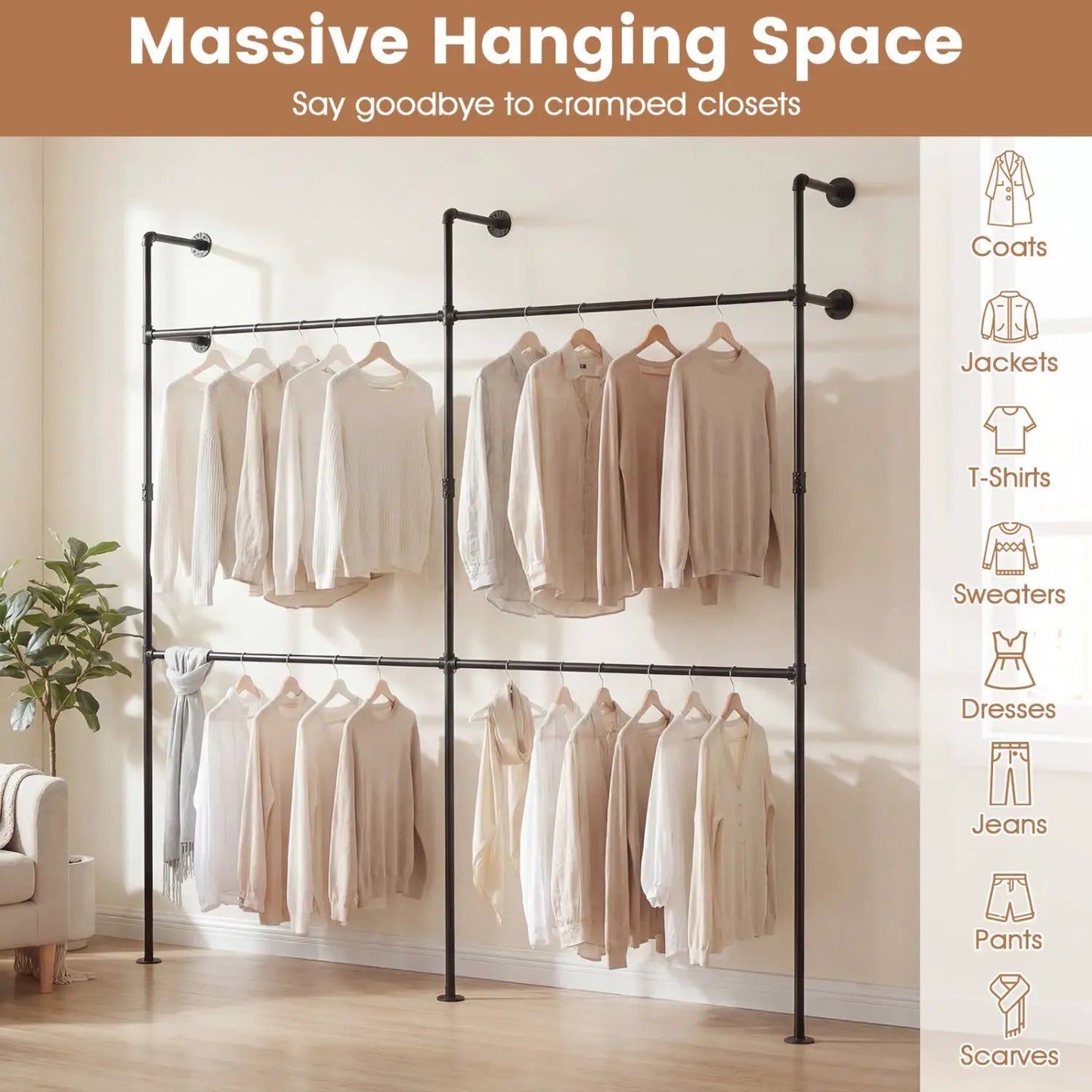 Wall Mounted Pipe Rack With 4 Hanging Rods
