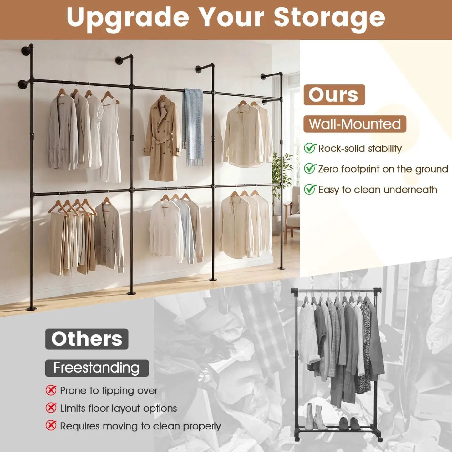 Wall Mounted Pipe Clothing Rack With Six Rods