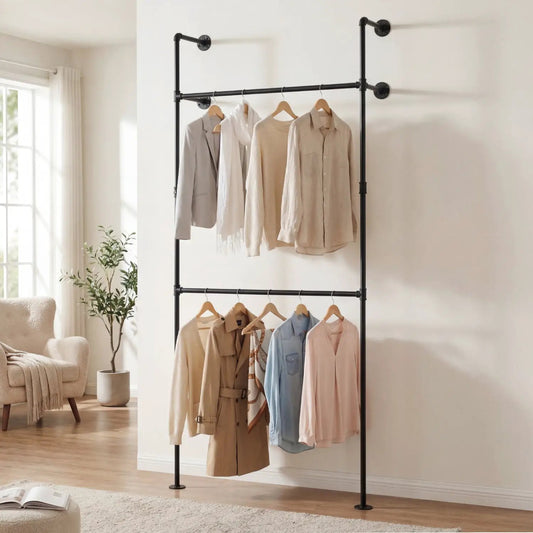 Wall Mounted Pipe Clothing Rack with Two Rods