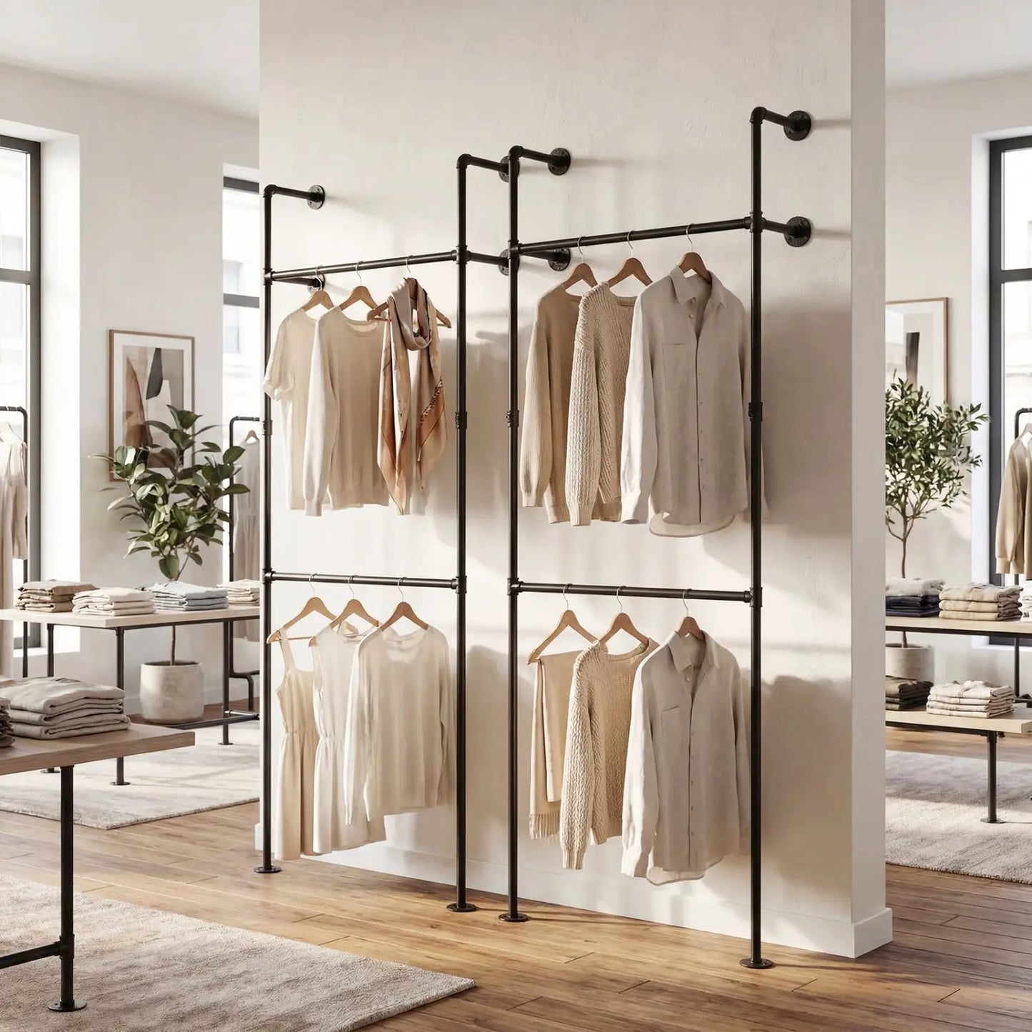Wall Mounted Pipe Clothing Rack with Two Rods