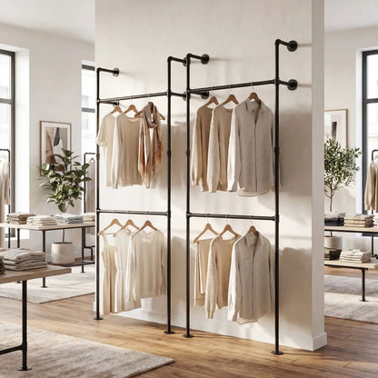 Wall Mounted Pipe Clothing Rack with Two Rods