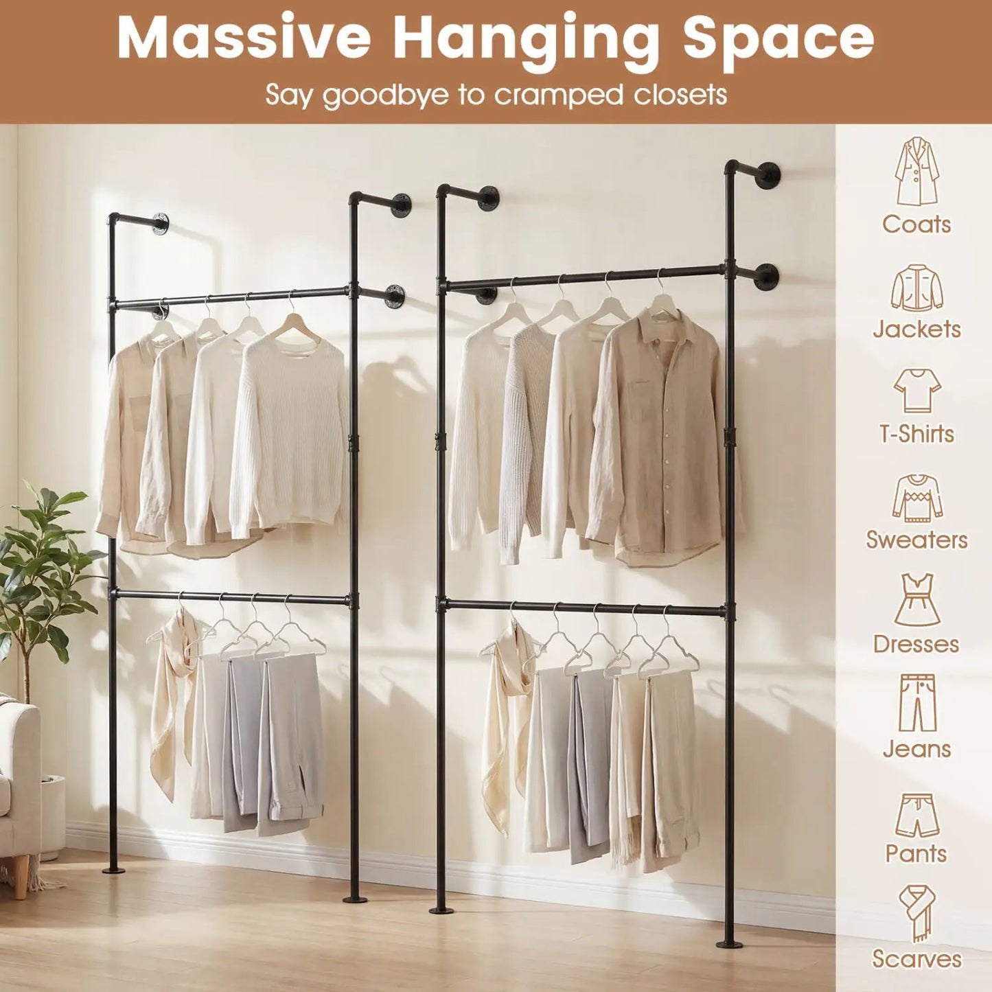 Wall Mounted Pipe Clothing Rack with Two Rods