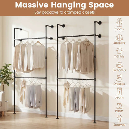 Wall Mounted Pipe Clothing Rack with Two Rods