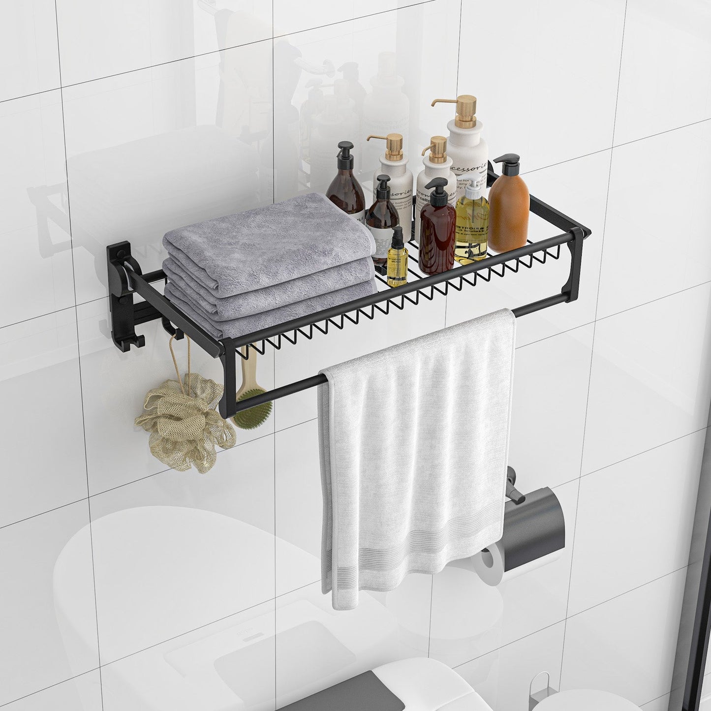 Estante toallero de pared con barra de toallas ajustable y ganchos móviles, no requiere montaje