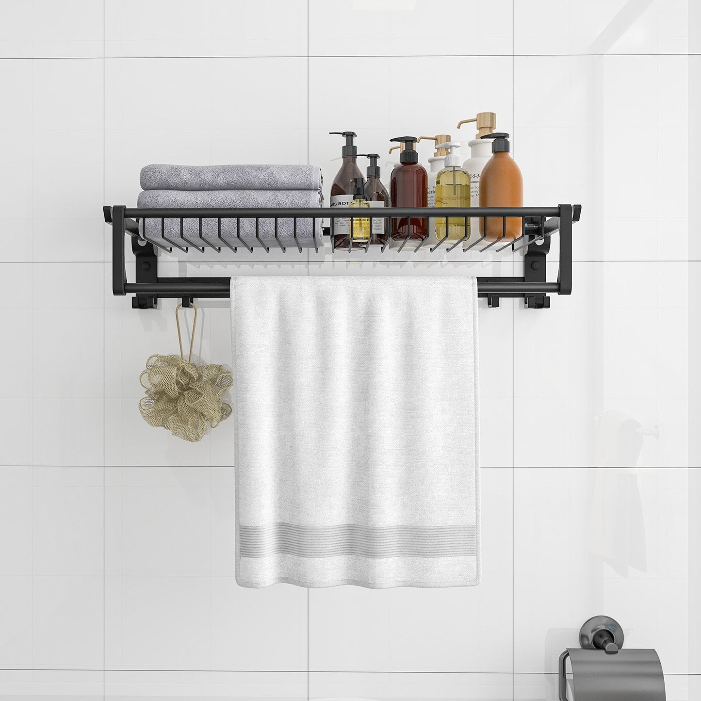 Estante toallero de pared con barra de toallas ajustable y ganchos móviles, no requiere montaje