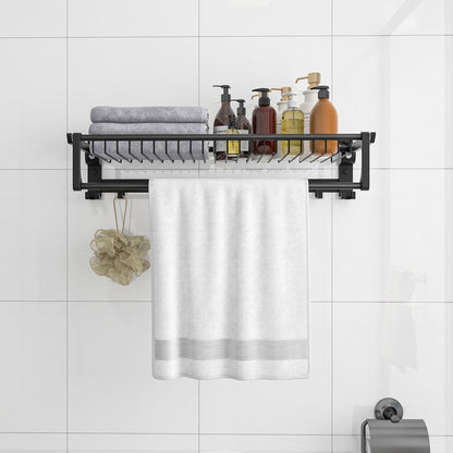 Estante toallero de pared con barra de toallas ajustable y ganchos móviles, no requiere montaje