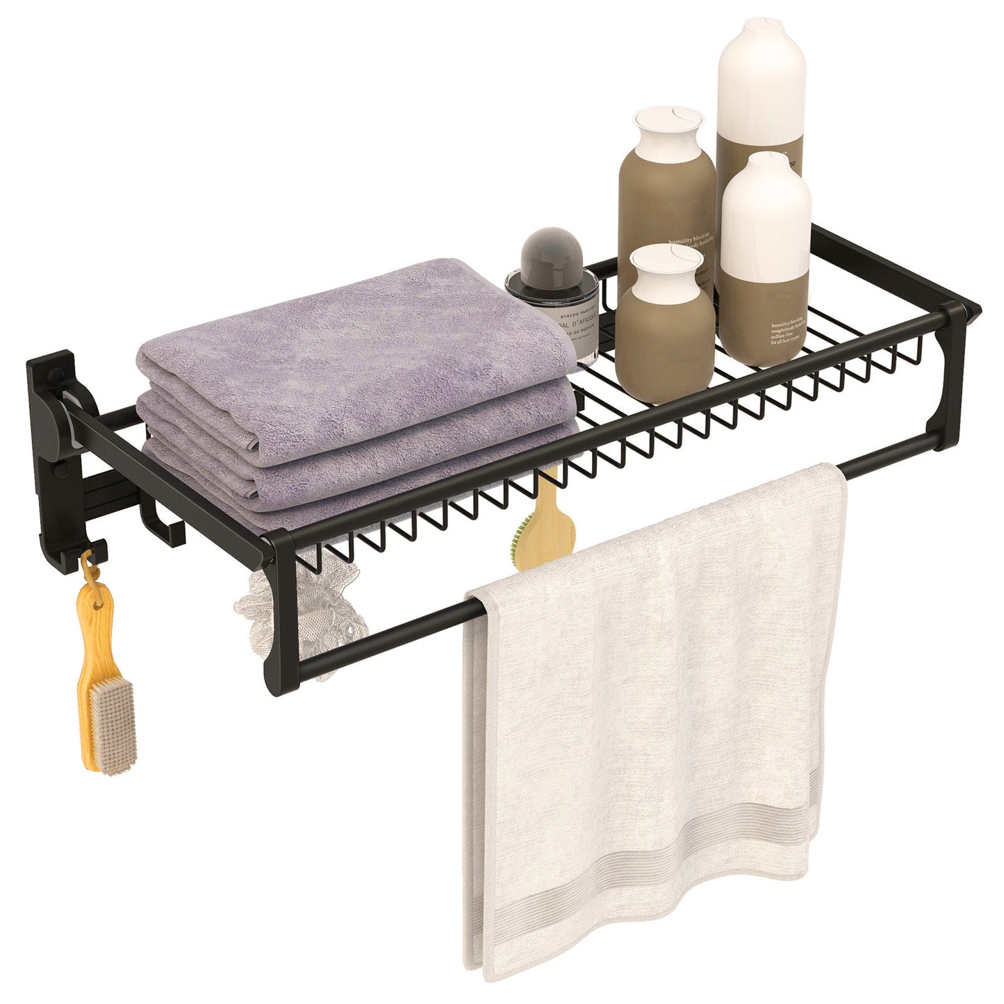 Estante toallero de pared con barra de toallas ajustable y ganchos móviles, no requiere montaje