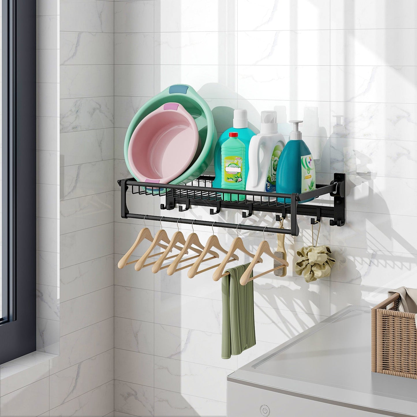 Estante toallero de pared con barra de toallas ajustable y ganchos móviles, no requiere montaje