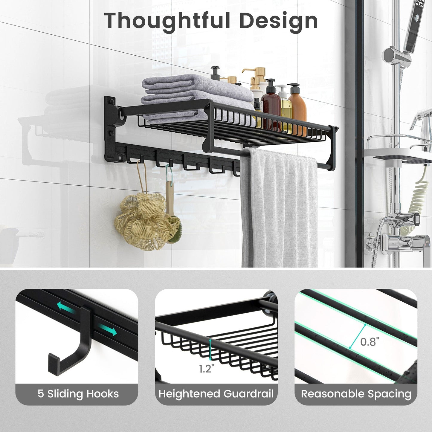 Estante toallero de pared con barra de toallas ajustable y ganchos móviles, no requiere montaje