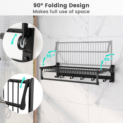 Estante toallero de pared con barra de toallas ajustable y ganchos móviles, no requiere montaje