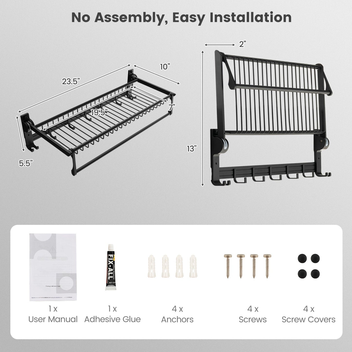 Estante toallero de pared con barra de toallas ajustable y ganchos móviles, no requiere montaje