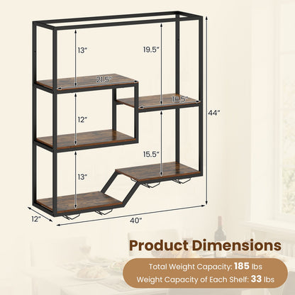 Wall Mounted Wine Rack 6-Tier Hanging Bar Shelf with Bottle Display Shelf and Glass Holder-Rustic Brown