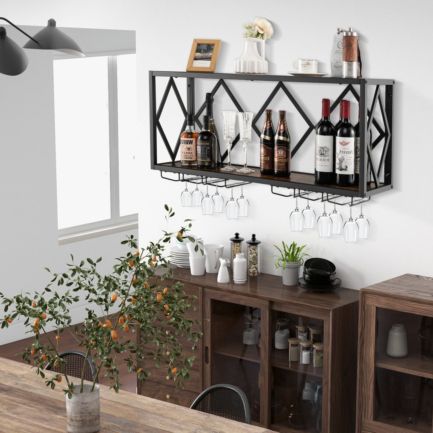 Botellero de pared para 39 botellas y 12 copas