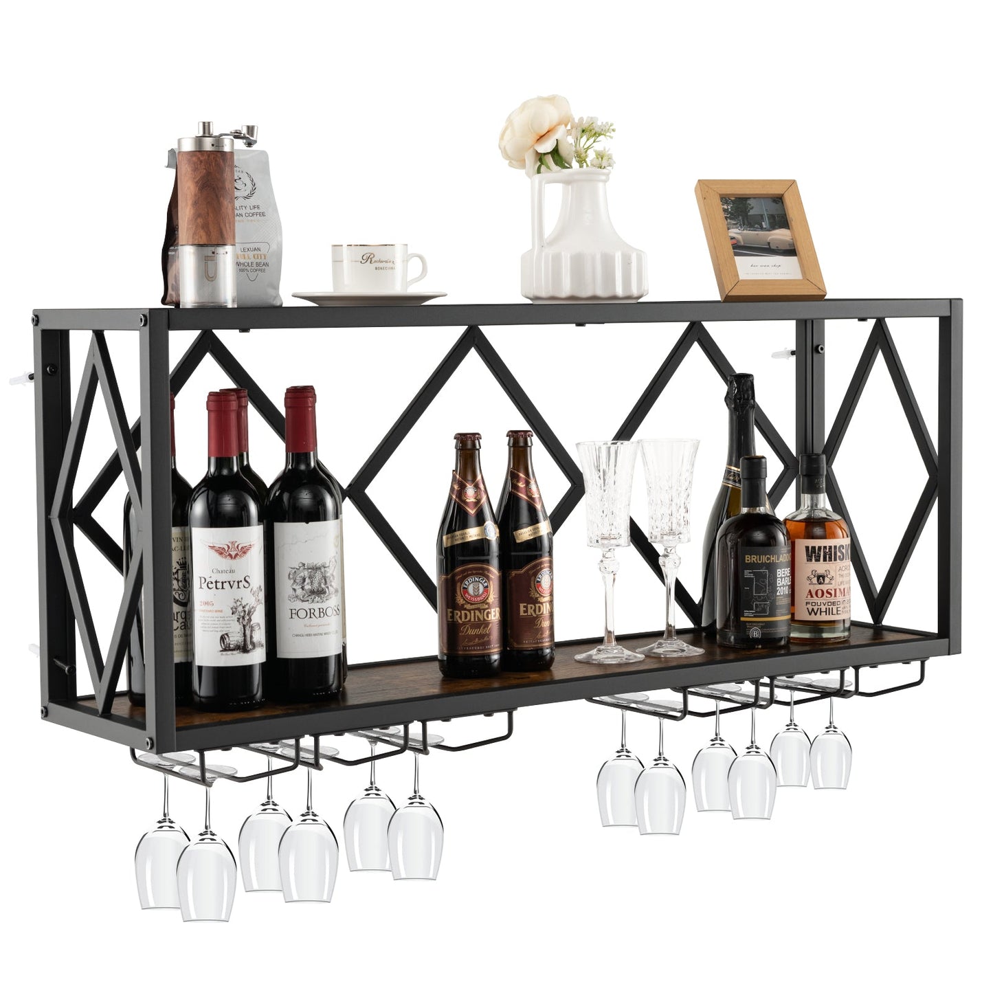 Botellero de pared para 39 botellas y 12 copas