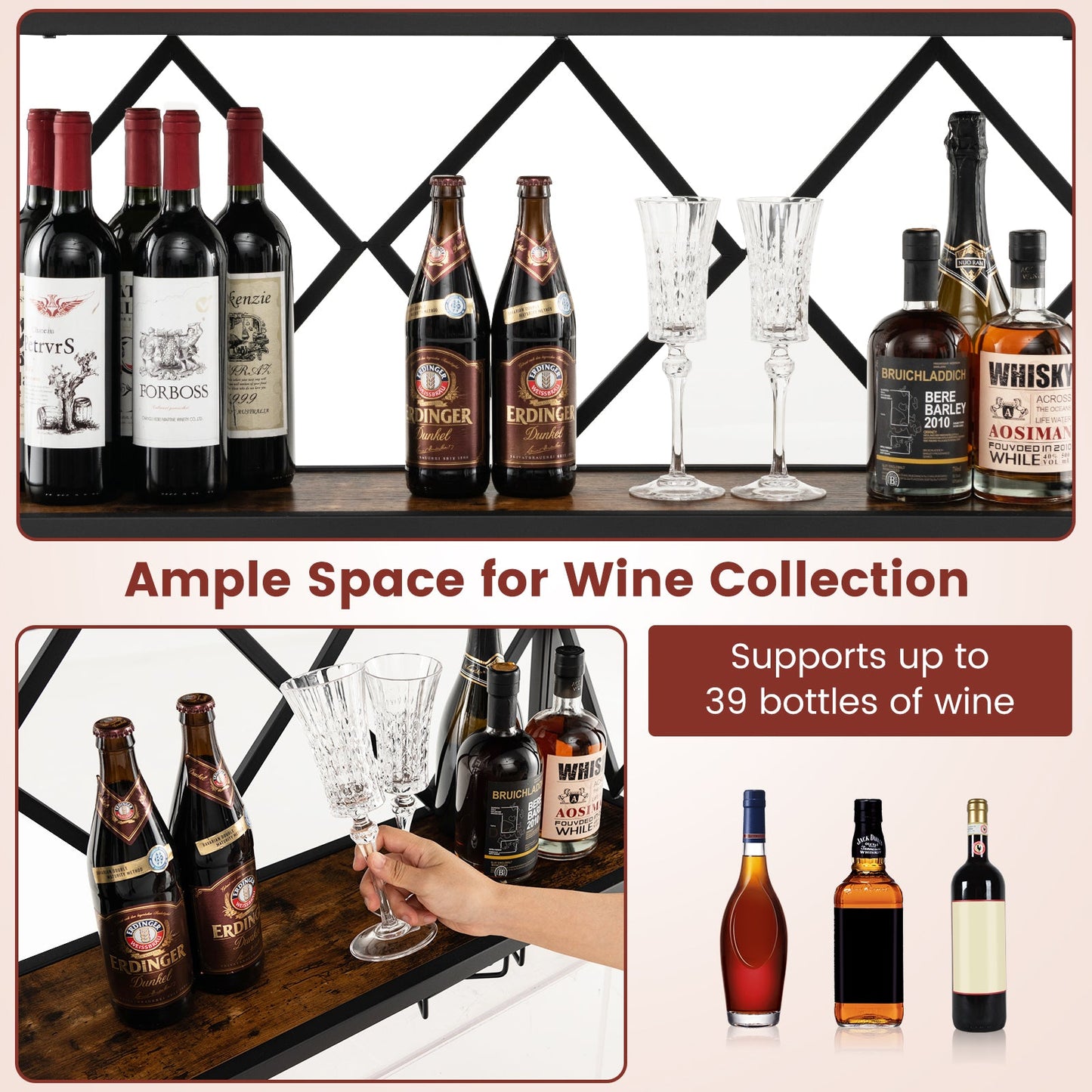 Botellero de pared para 39 botellas y 12 copas