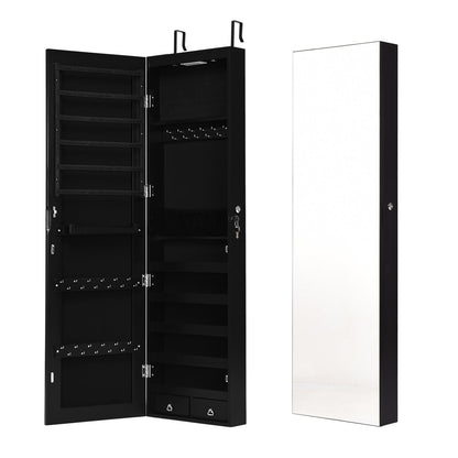 Wall and Door Mounted Mirrored Jewelry Cabinet with Lights-Black