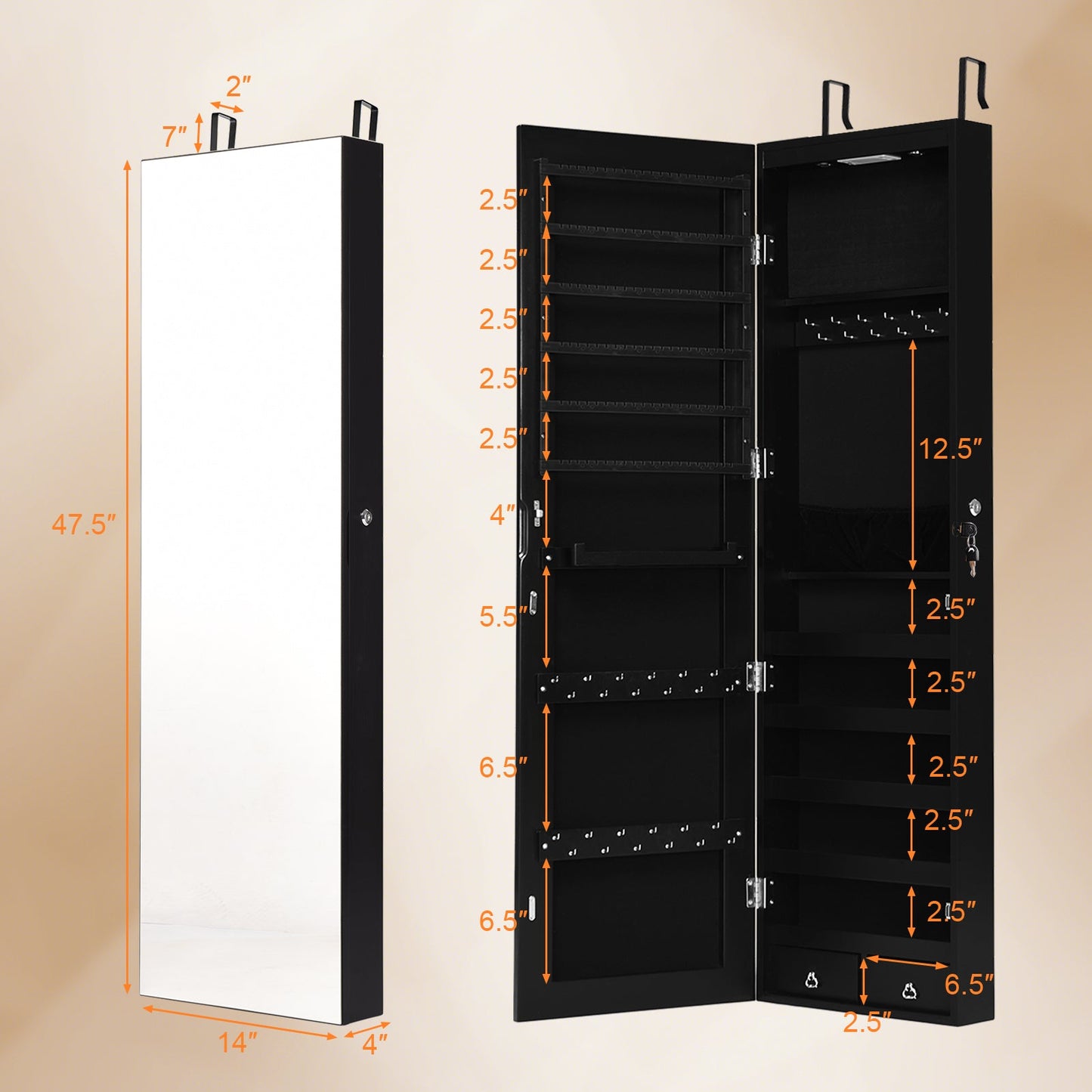 Wall and Door Mounted Mirrored Jewelry Cabinet with Lights-Black