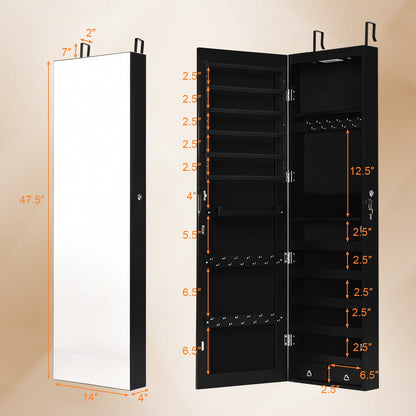 Wall and Door Mounted Mirrored Jewelry Cabinet with Lights-Black